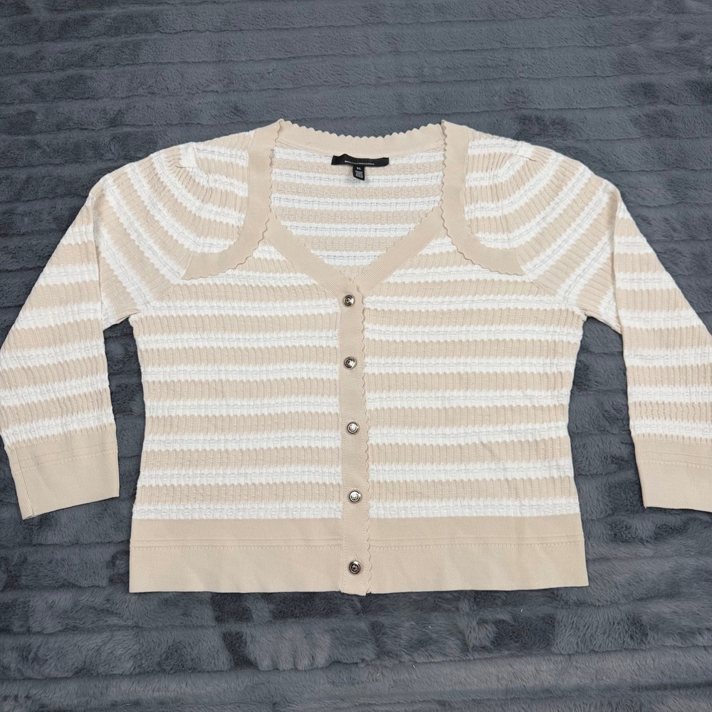 White House Black Market WHBM Striped Scalloped Cardigan Cream White XL